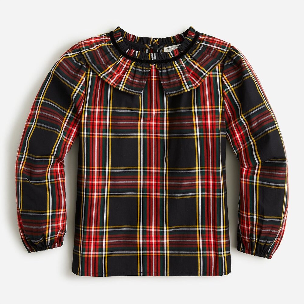 J. Crew Crewcuts Girls' Ruffle-Collar Top Black Red Multi Tartan Plaid L 10-11